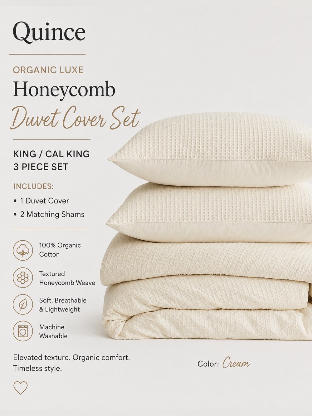 Quince Organic Luxe Honeycomb Duvet Cover Set King Cal King Cream 2 Shams